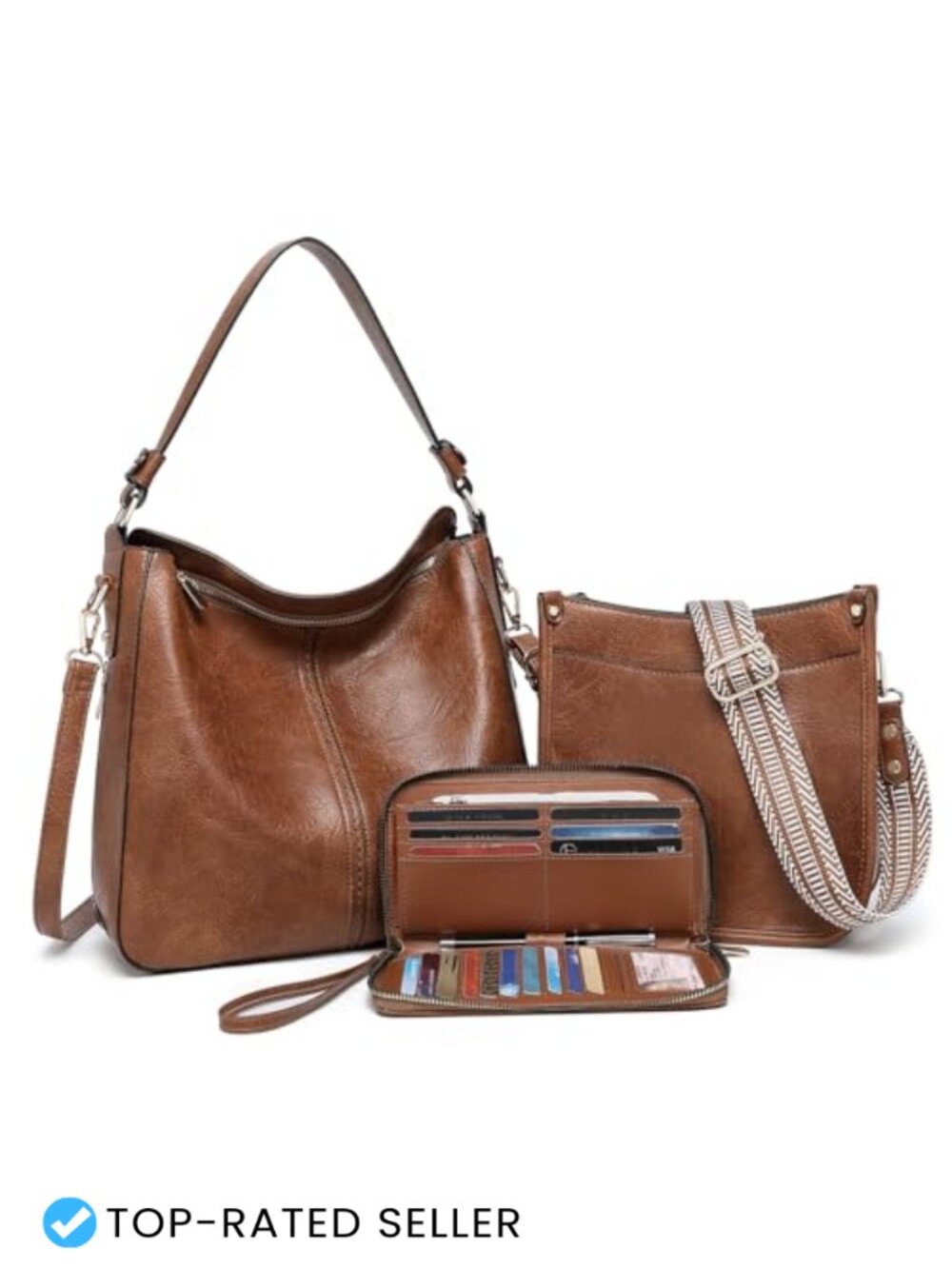3PCS Crossbody Bag Set Vegan Leather Hobo Shoulder Purse with Wallet